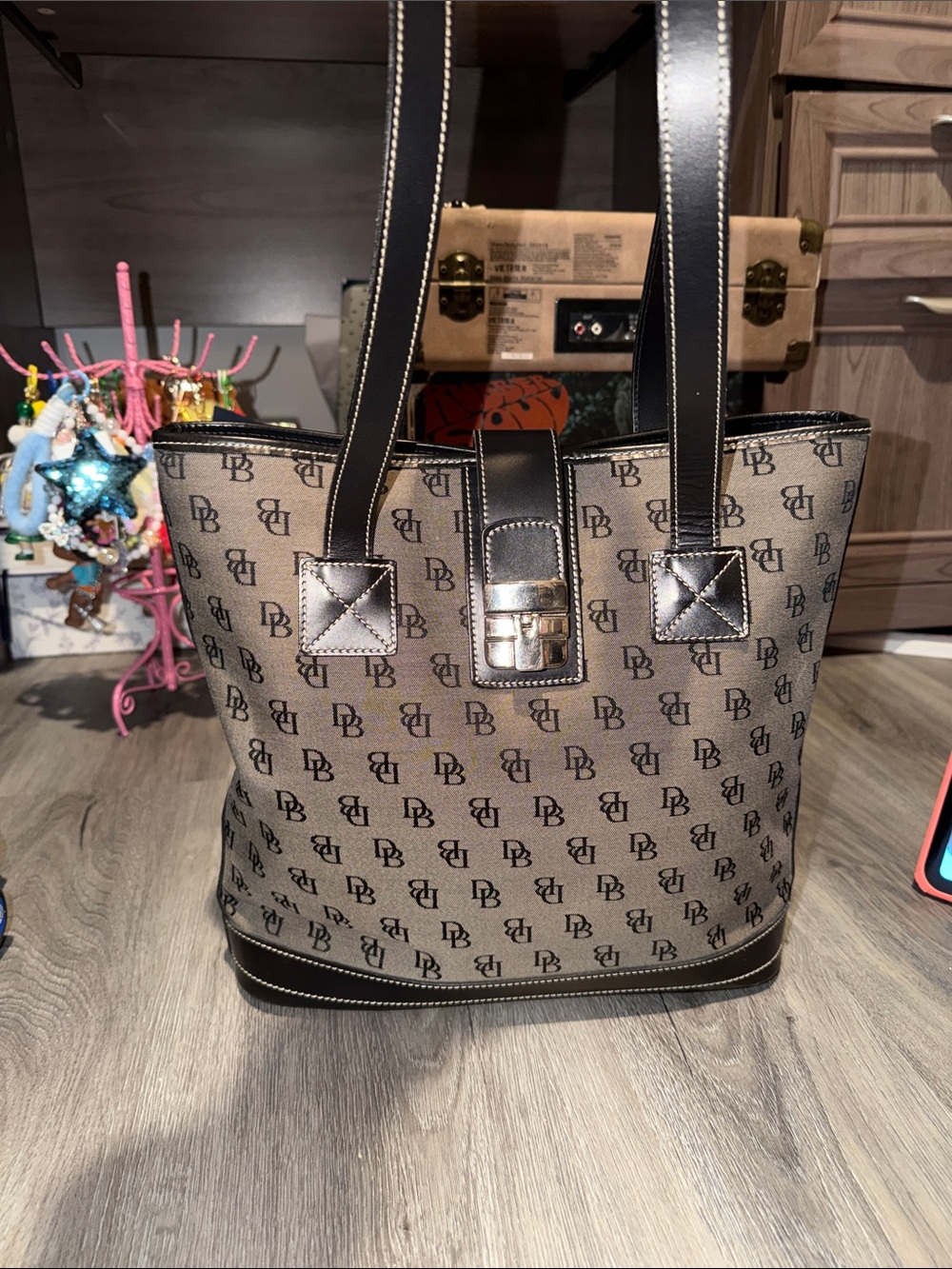 Vintage Dooney & Bourke Brown Monogram Tote with Black Trim and Gold Hardware